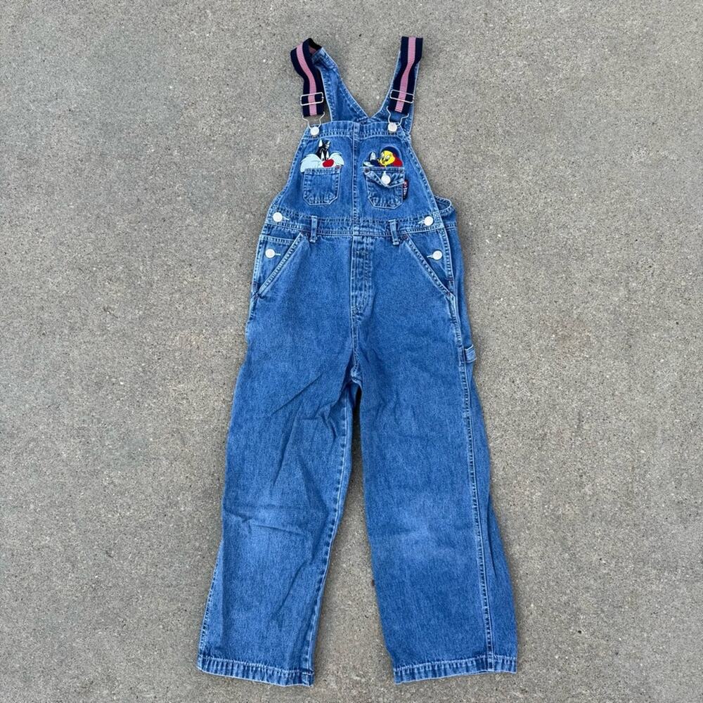 Vintage 90s Looney Tunes Tweety Sylvester Kids Embroidered Blue Denim Overalls M